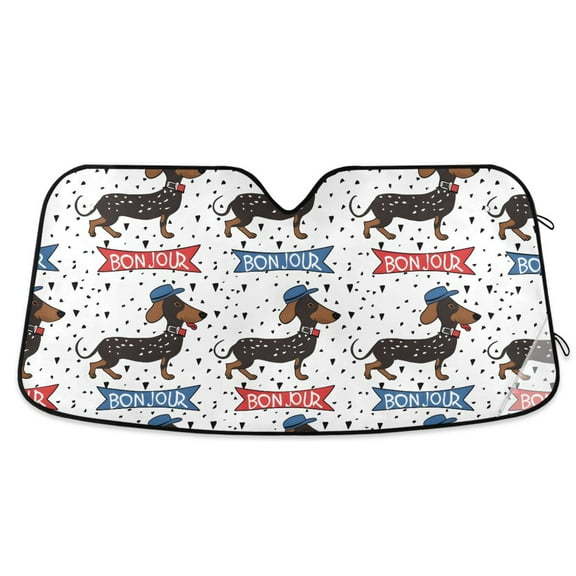 Bonjour Dachshund Dogs Car Windshield Sun Shade Foldable Car Front Window Visor Heat and UV Protection 53x23.5