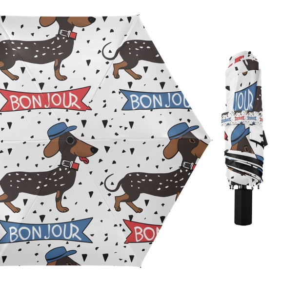 Bonjour Dachshund Dogs Compact Sun Umbrella Windproof Travel Umbrellas for Rain Strong Portable UV Protection