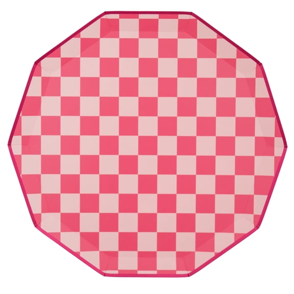 Bonjour Fête Pink Checker Large Paper Dinner Plates, Disposable Party Supplies, 8 Count, 10.5 Inch, Happy Birthday, Valentines