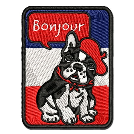 Bonjour French Bulldog with Beret and Bandana Applique Multi-Color Embroidered Iron-On Patch - 2.5 Inch Small