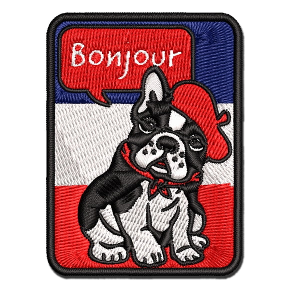 Bonjour French Bulldog with Beret and Bandana Applique Multi-Color Embroidered Iron-On Patch - 3 Inch Medium