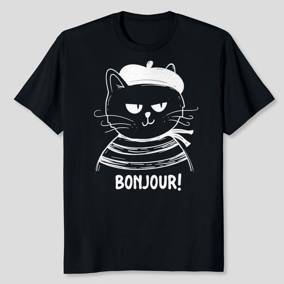 Bonjour - French Cat France Lover Francophile T-Shirt, Men's And Women's Graphic Tee 100% Cotton by TBun, Full Sizes S-5XL