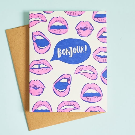 Bonjour Greeting Card with Lip Illustrations – Blank Inside, Eco-Friendly, Includes Envelope – Perfect Card for Friends, Birthdays, or Just Because