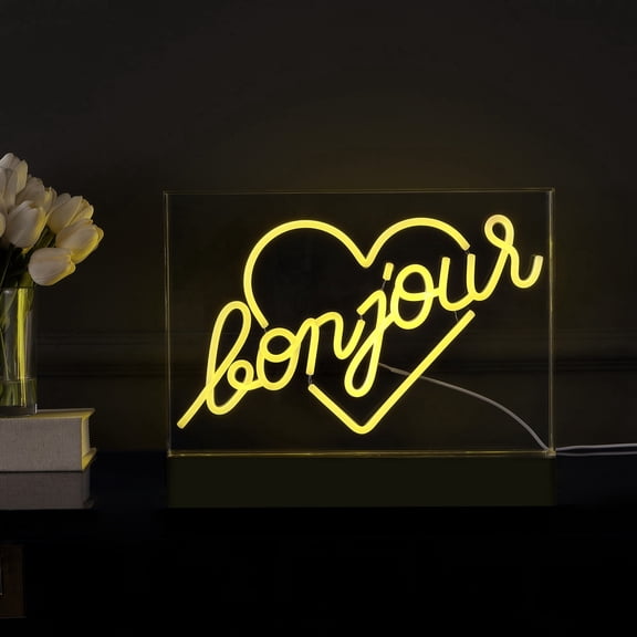 Bonjour Heart 15" X 10.3" Contemporary Glam Acrylic Box USB Operated LED Neon Light, Yellow