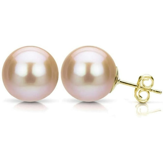Bonjour Jewelers 10K Yellow Gold Plated 10 mm Pink Pearl Round Stud Earrings