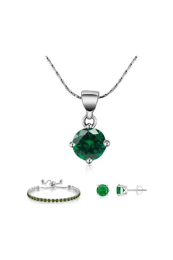 10k White Gold 6 Ct Round Created Emerald Set Of Necklace, Earrings And Bracelet Plated