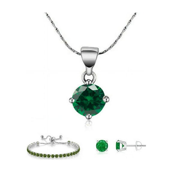 Bonjour Jewelers 10k White Gold 7 Ct Round Created Emerald Set Of Necklace, Earrings And Bracelet Plated