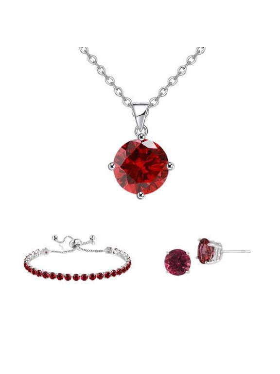 10k White Gold 7 Ct Round Created Ruby Set Of Necklace, Earrings And Bracelet Plated