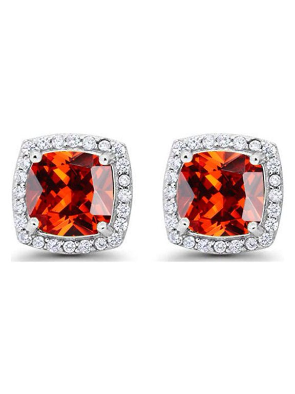 10k White Gold Plated 1 Ct Created Halo Princess Cut Ruby Stud Earrings