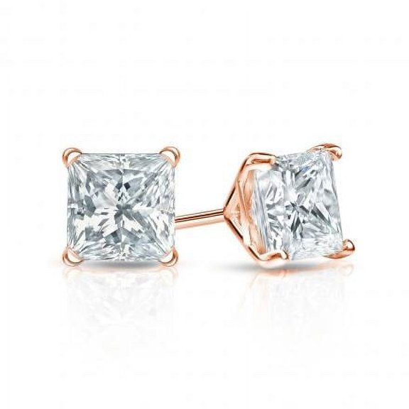 Bonjour Jewelers 14K Rose Gold 1 Carat Princess Created Diamond Solitaire Stud Earrings