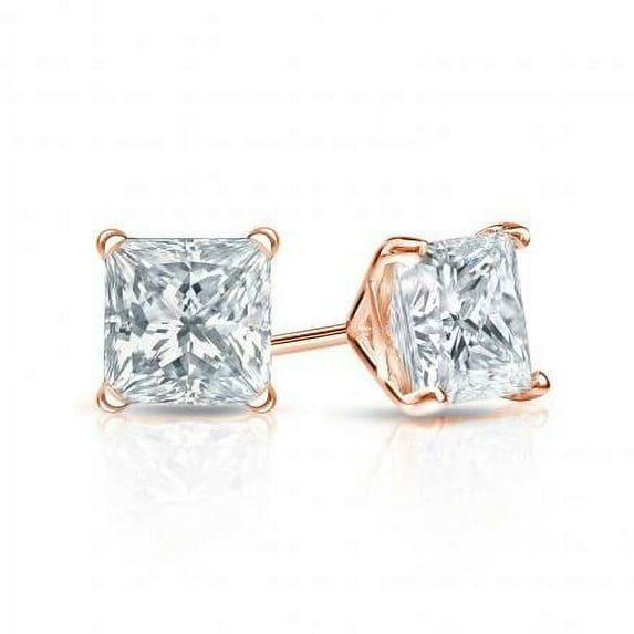 Bonjour Jewelers 14K Rose Gold 1 Carat Princess Created Diamond Solitaire Stud Earrings