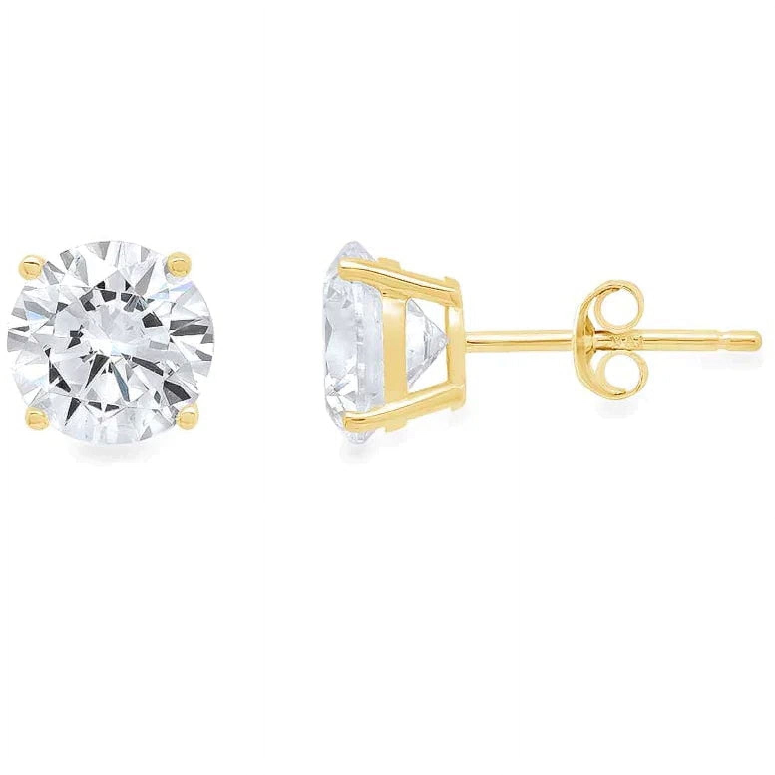 Bonjour Jewelers 14K Yellow Solid Gold White Diamond Round Stud Earrings 4mm