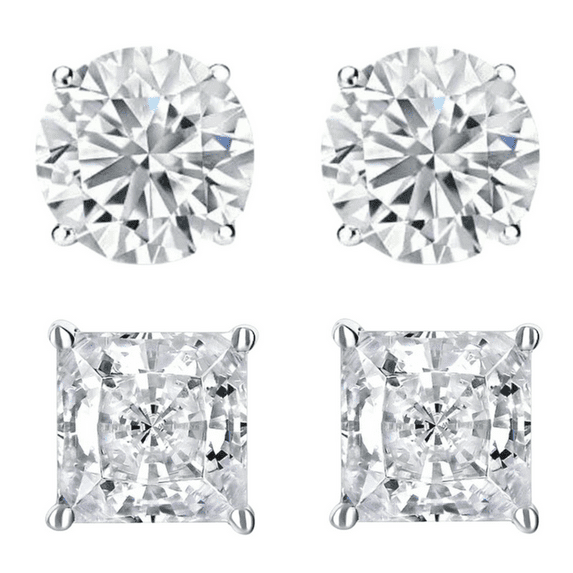Bonjour Jewelers 14k White Gold 1/4 Carat Solitaire Created Diamond 2 Pair Round And Princess Stud Earrings