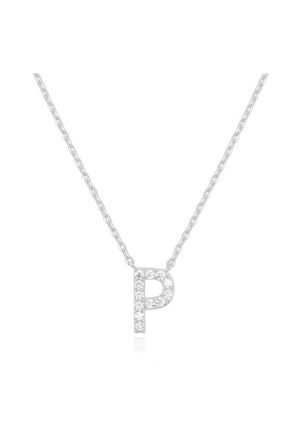 14k White Gold Created Diamond Initial P Letter Pendant Necklace Plated