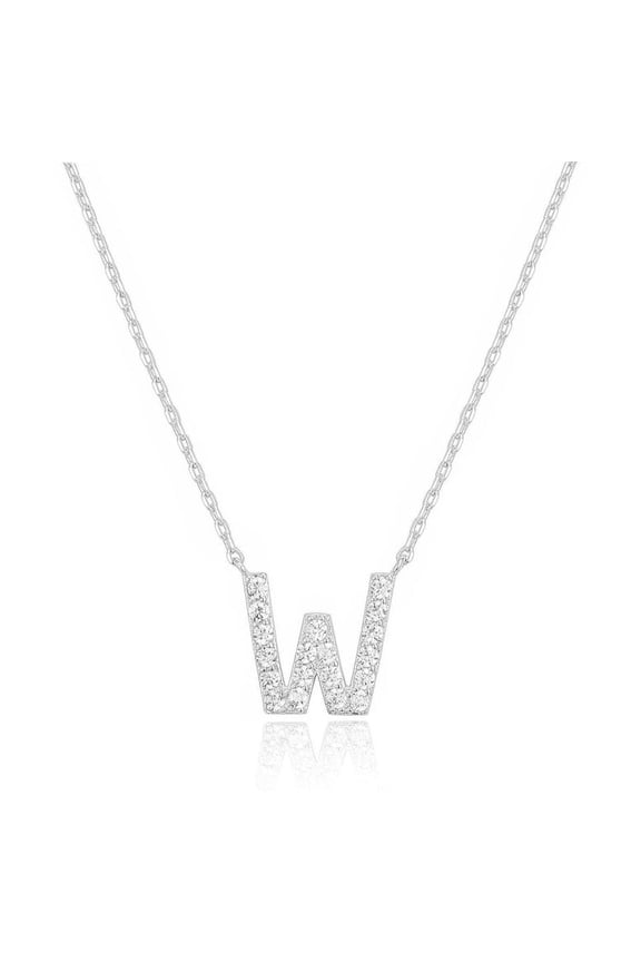 14k White Gold Created Diamond Initial W Letter Pendant Necklace Plated