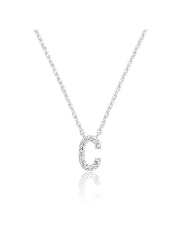14k White Gold Created White Sapphire Initial C Letter Pendant Necklace Plated
