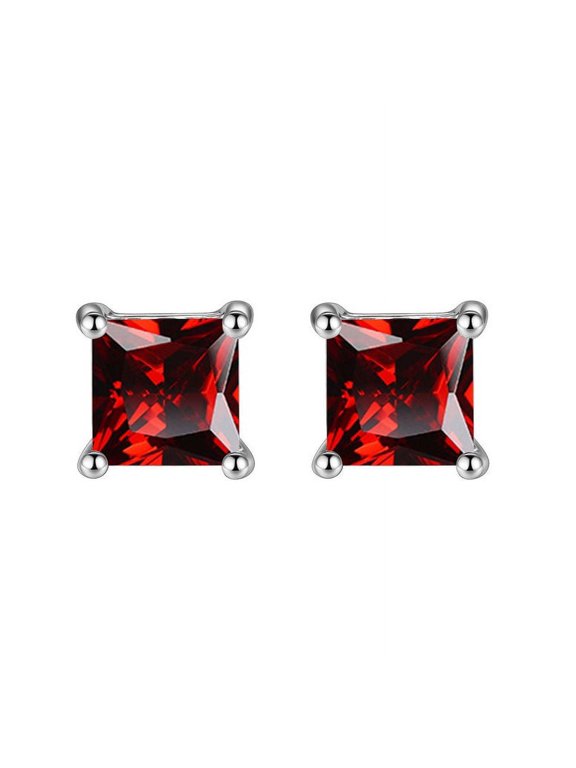 14k White Gold Plated Created Ruby Princess Cut Stud Earrings 6mm