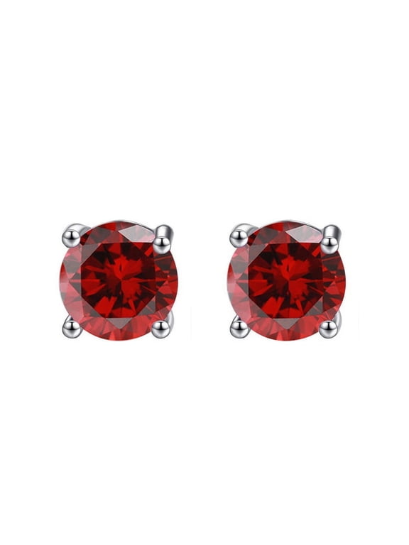 14k White Gold Plated Created Ruby Round Stud Earrings 6mm