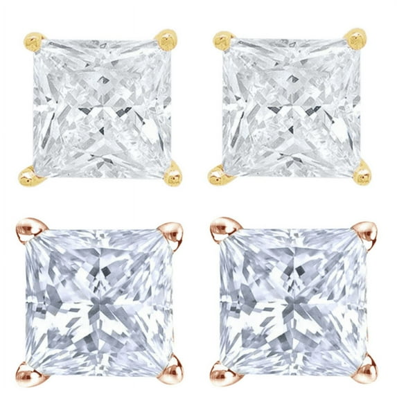 Bonjour Jewelers 14k Yellow And Rose Gold 1/4 Carat Solitaire Created Diamond 2 Pair Princess Stud Earrings