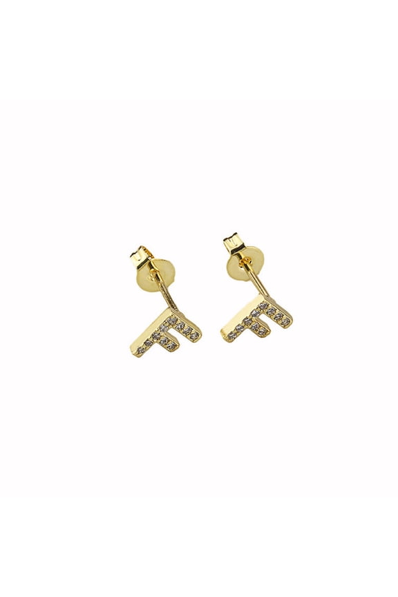 14k Yellow Gold Created Diamond Initial F Letter Stud Earrings Plated