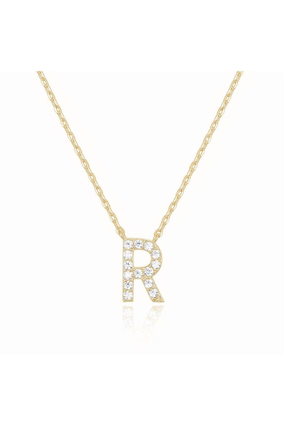 14k Yellow Gold Created Diamond Initial R Letter Pendant Necklace Plated