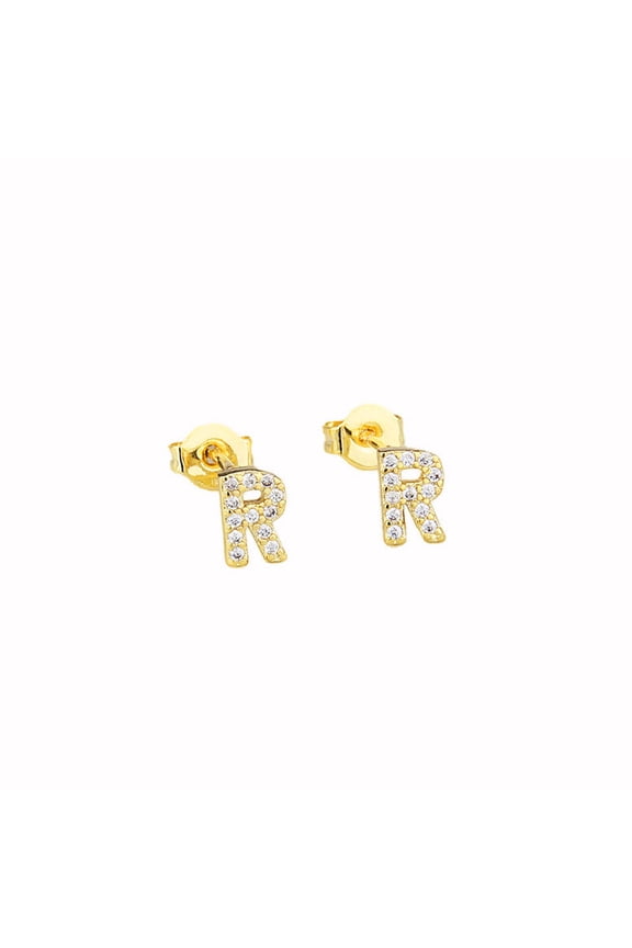14k Yellow Gold Created Diamond Initial R Letter Stud Earrings Plated