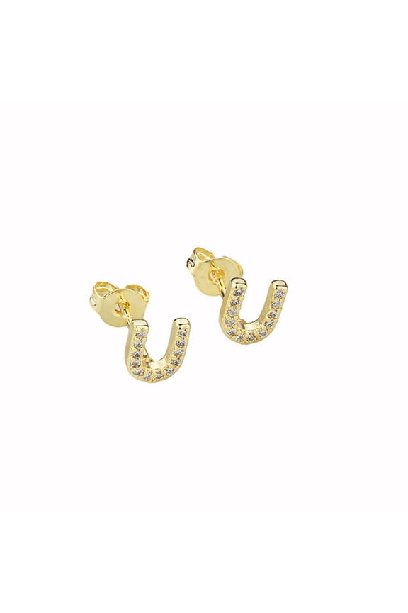 14k Yellow Gold Created Diamond Initial U Letter Stud Earrings Plated