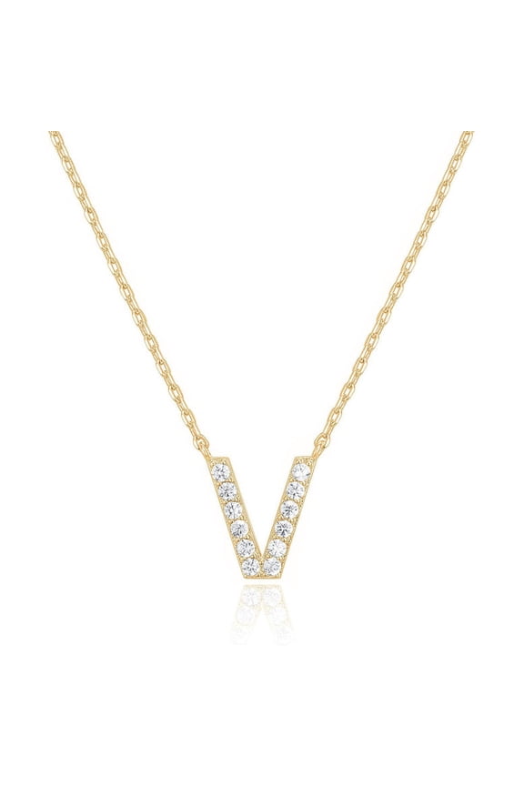 14k Yellow Gold Created Diamond Initial V Letter Pendant Necklace Plated