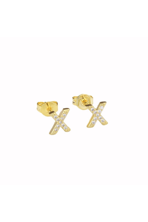 14k Yellow Gold Created Diamond Initial X Letter Stud Earrings Plated