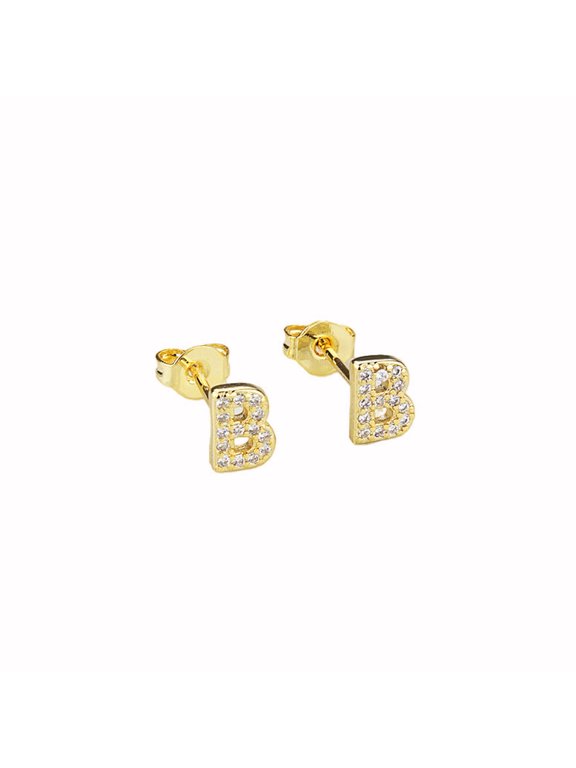 14k Yellow Gold Created White Sapphire Initial B Letter Stud Earrings Plated