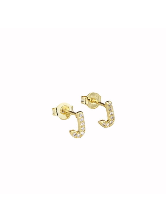 14k Yellow Gold Created White Sapphire Initial J Letter Stud Earrings Plated