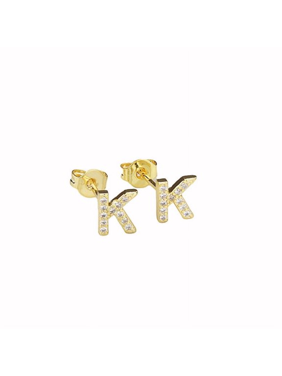 14k Yellow Gold Created White Sapphire Initial K Letter Stud Earrings Plated