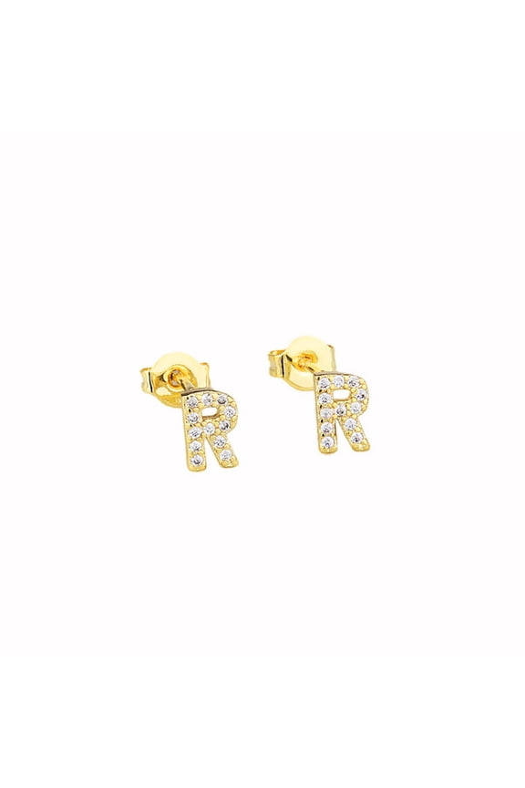 14k Yellow Gold Created White Sapphire Initial R Letter Stud Earrings Plated