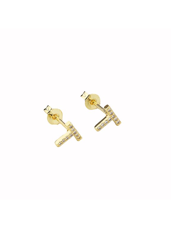 14k Yellow Gold Created White Sapphire Initial T Letter Stud Earrings Plated