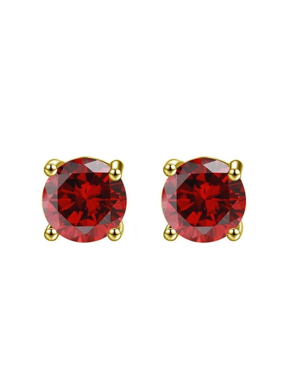14k Yellow Gold Plated Created Ruby Round Stud Earrings 6mm