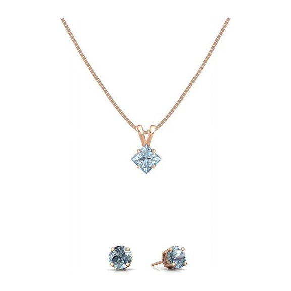 Bonjour Jewelers 18K Rose Gold 1ct Aquamarine Princess Cut 18 Inch Necklace And Round Earrings Set Plated