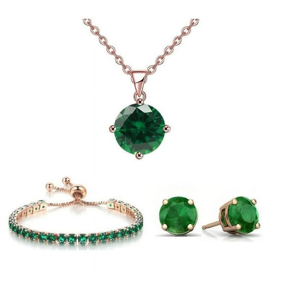 Bonjour Jewelers 18K Rose Gold 3 Set Created Emerald Sapphire Round Necklace, Earrings And Tennis Bracelet Plated
