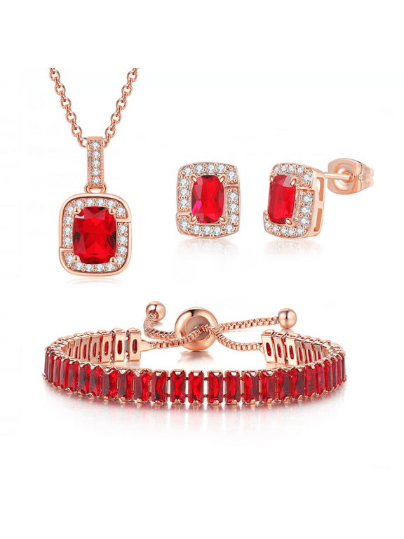 18K Rose Gold Created Ruby Princess Halo Pendant Necklace, Earrings And Tennis Bracelet Jewelry Set Plated