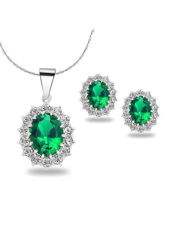 18K White Gold Created Emerald CZ Round 2 Carat Oval Necklace Plated 18 Inch