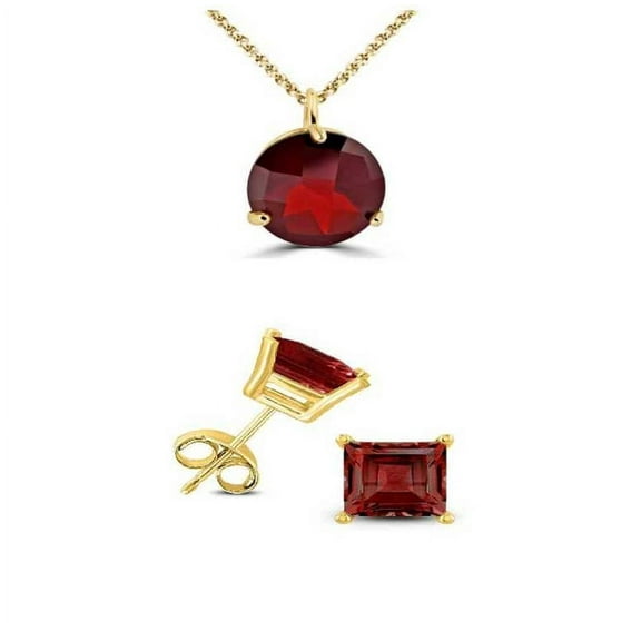 Bonjour Jewelers 18K Yellow Gold 1ct Garnet Round 18 Inch Necklace And Square Earrings Set Plated