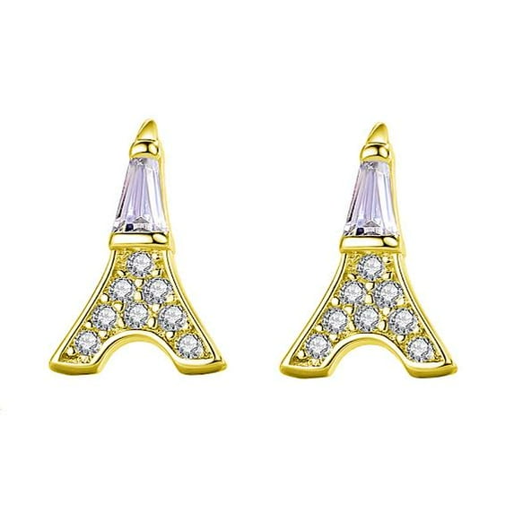 Bonjour Jewelers 18K Yellow Gold Small Eiffel Tower 4mm With Created White Sapphire 1/4Ct Earrings Plated
