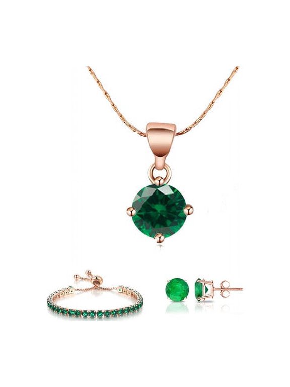18k Rose Gold 6 Ct Round Created Emerald Set Of Necklace, Earrings And Bracelet Plated