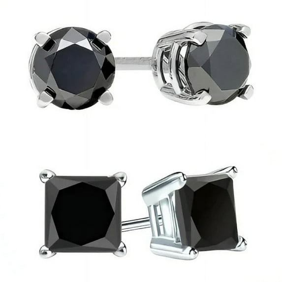 Bonjour Jewelers 18k White Gold 2 Pair Created Black Sapphire 6mm Round & Princess Cut Stud Earrings Plated