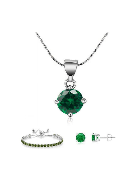 18k White Gold 6 Ct Round Created Emerald Set Of Necklace, Earrings And Bracelet Plated