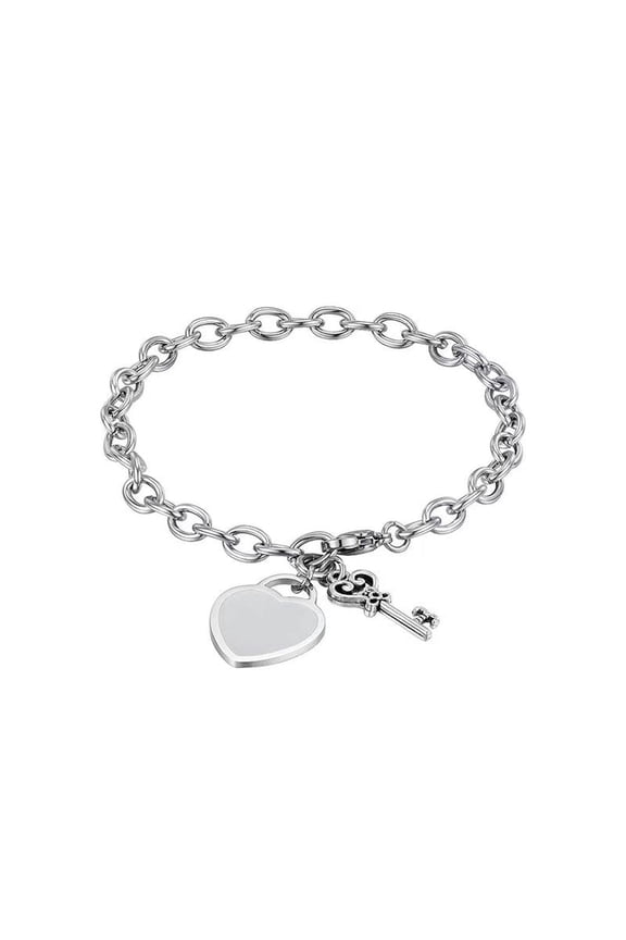18k White Gold Brushed Heart & Key Charm Toggle Bracelet Plated