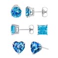 thumbnail image 1 of Bonjour Jewelers 18k White Gold Created Blue Topaz 3 Pair Round, Square And Heart Stud Earrings Plated 4mm, 1 of 1