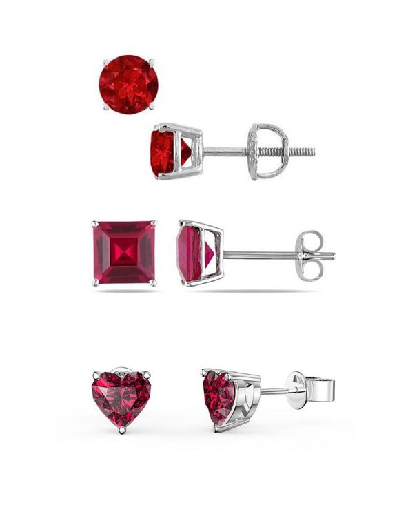 18k White Gold Created Ruby 3 Pair Round, Square And Heart Stud Earrings Plated 4mm