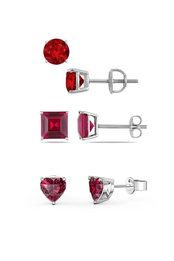 18k White Gold Created Ruby 3 Pair Round, Square And Heart Stud Earrings Plated 4mm