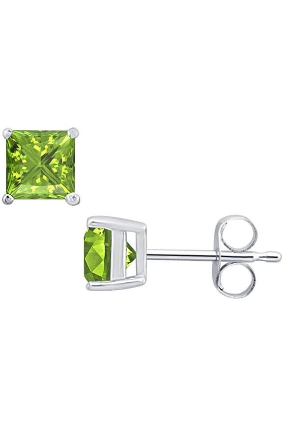 18k White Gold Plated 1/4 Carat Princess Cut Created Peridot Stud Earrings 4mm