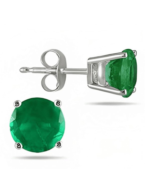 18k White Gold Plated 1/4 Carat Round Created Emerald Stud Earrings 4mm